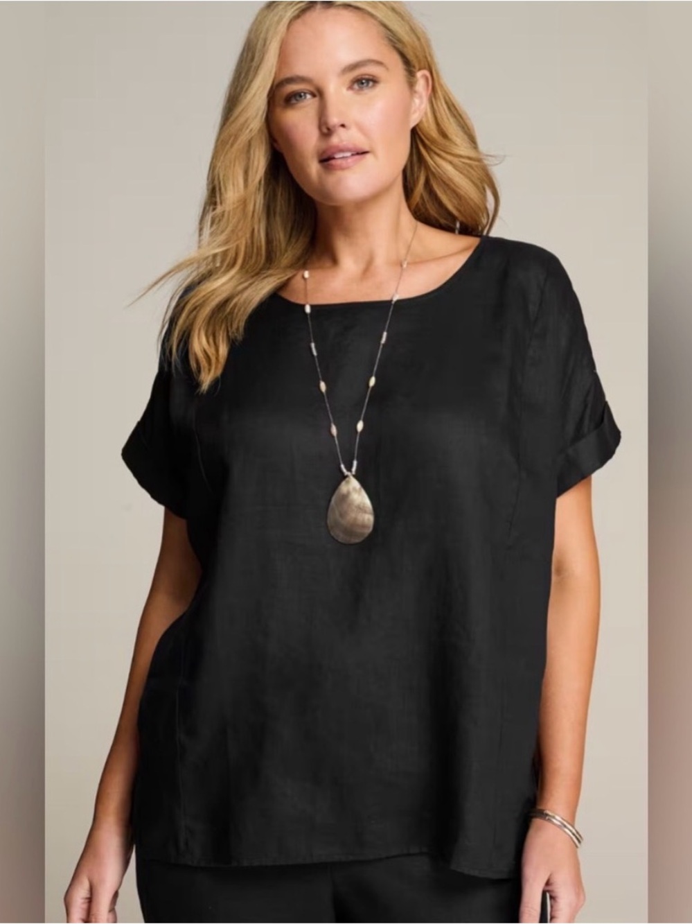 Pure Jill Linen Black Short Sleeves Relaxed Popover Top Size Medium